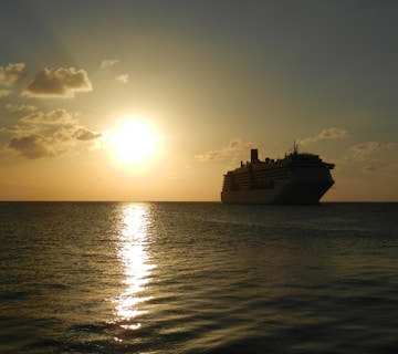 Modern cruise ship sailing on calm ocean waters at sunset.