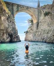 a person in a body of water with a bridge in the background