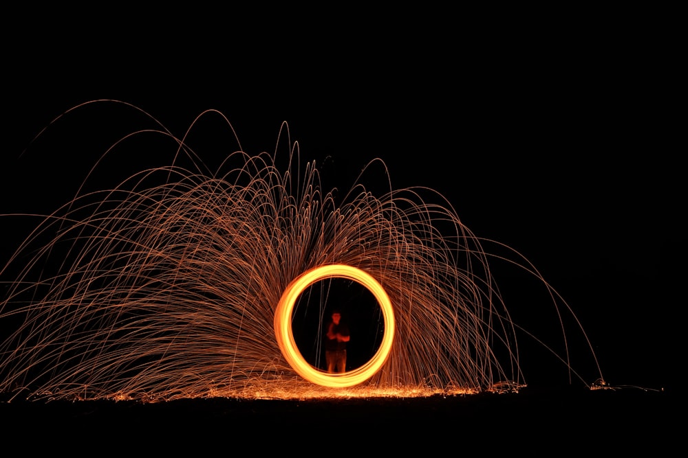 a person standing in front of a fire ring