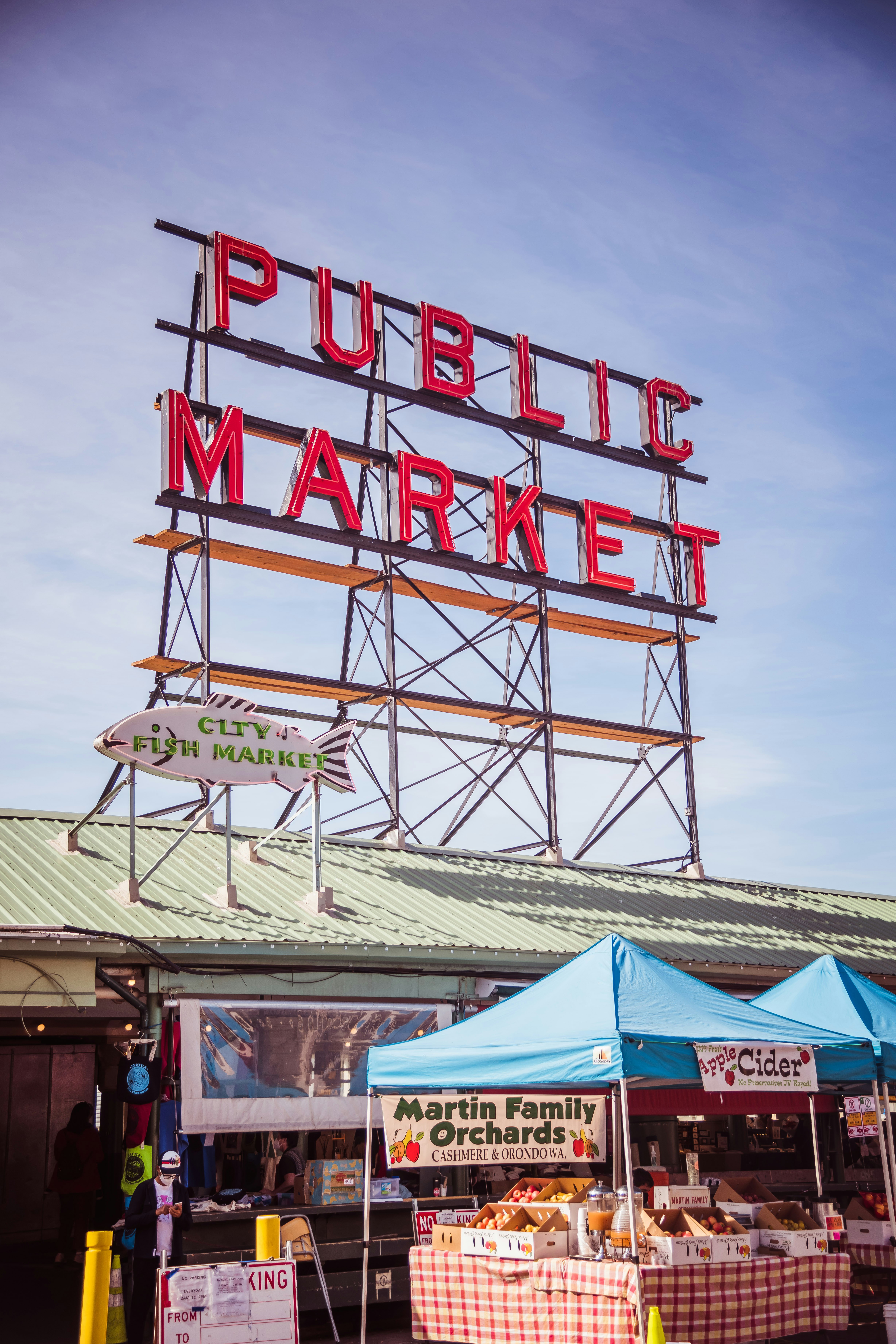 a sign that says public market on top of a building