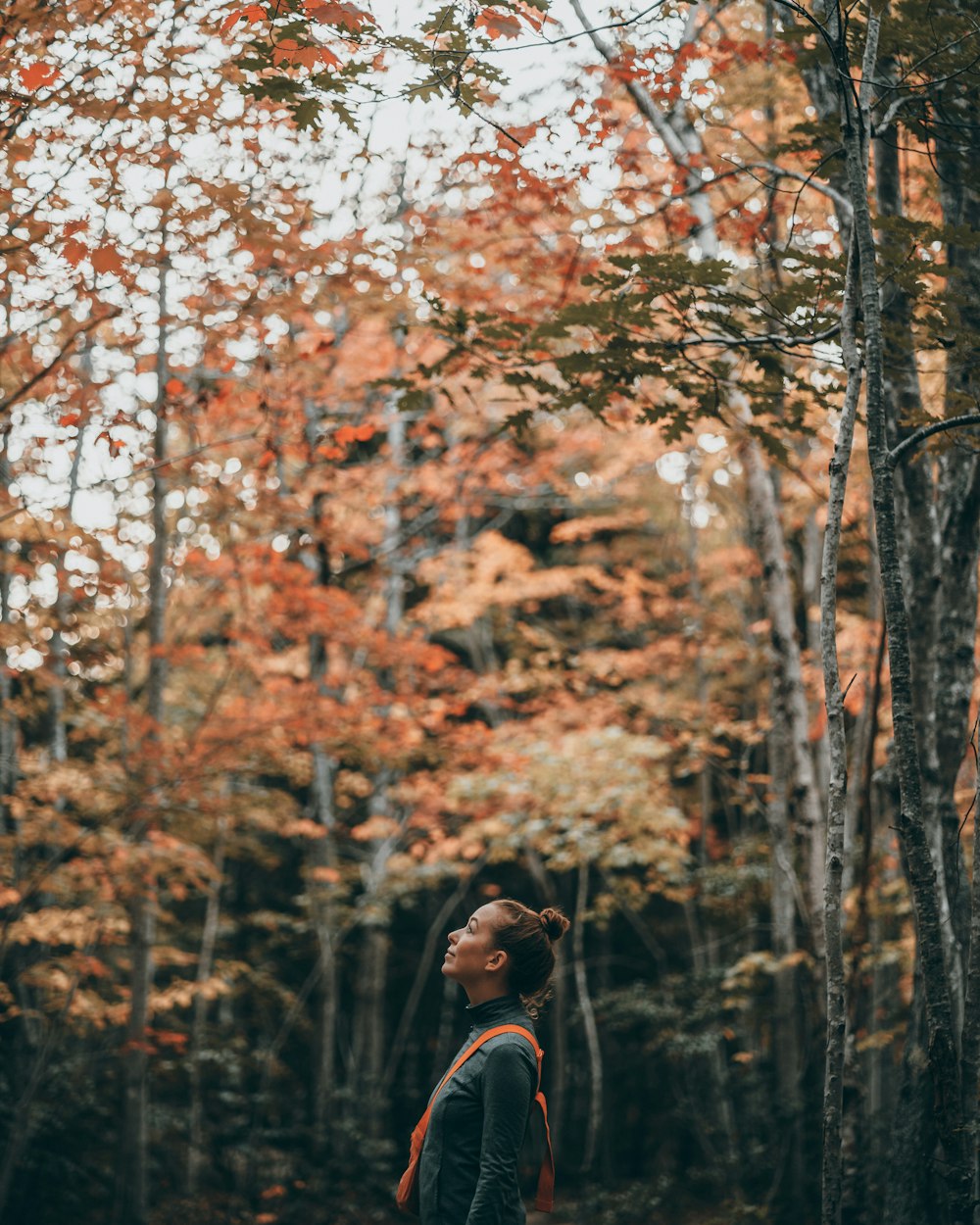 a woman standing in front of a forest filled with trees