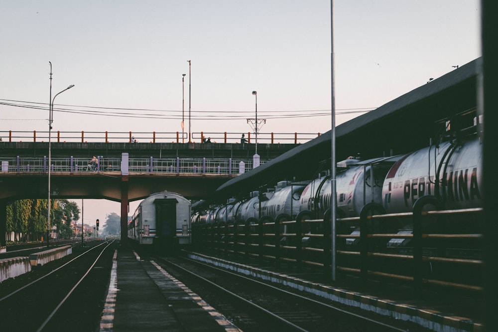 a train traveling down train tracks under a bridge