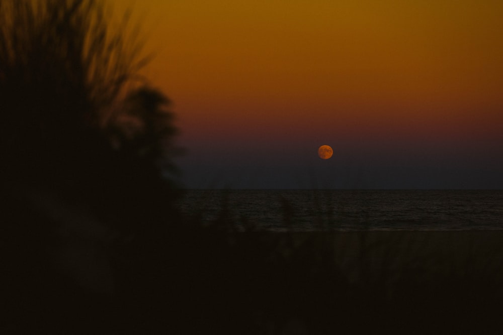 the sun is setting over the ocean as seen from a beach