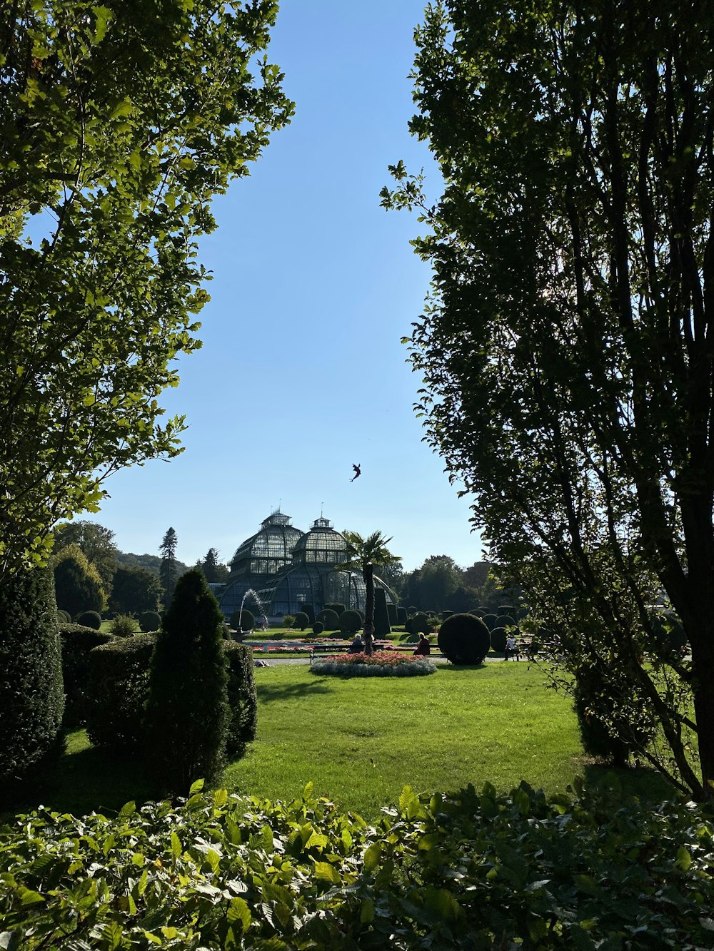 a view of a building through some trees