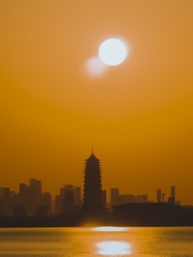 a large body of water with a city in the background