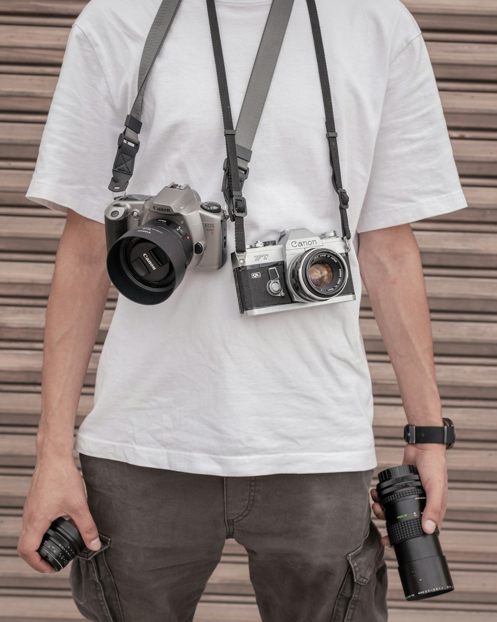 a man holding a camera and a camera strap