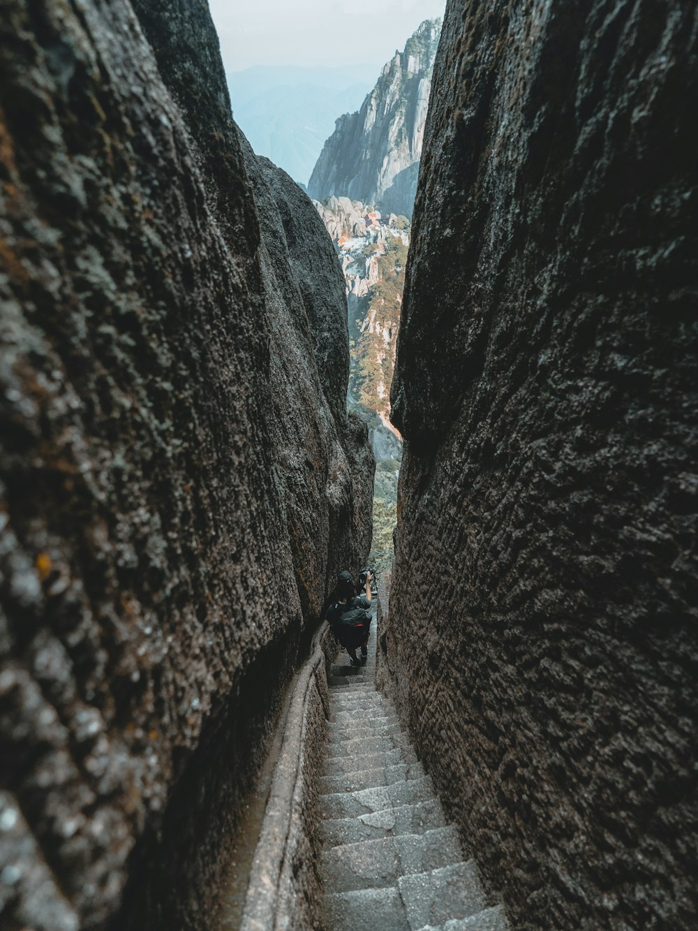 a person walking up some stairs in the mountains