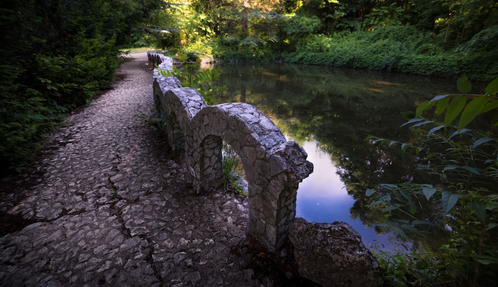 a stone bridge over a river surrounded by trees