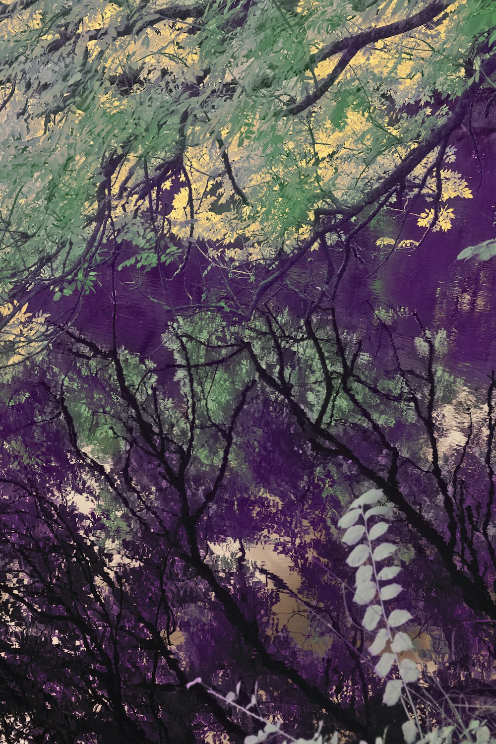 a painting of trees with purple and green leaves