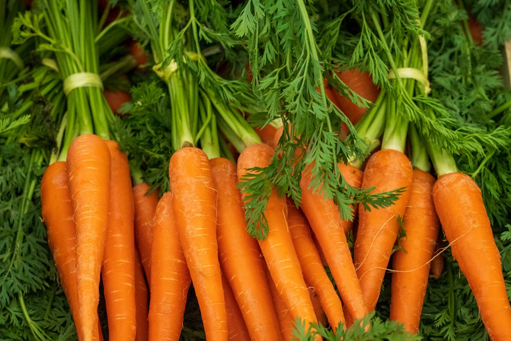 un tas de carottes avec des sommets et des feuilles verts