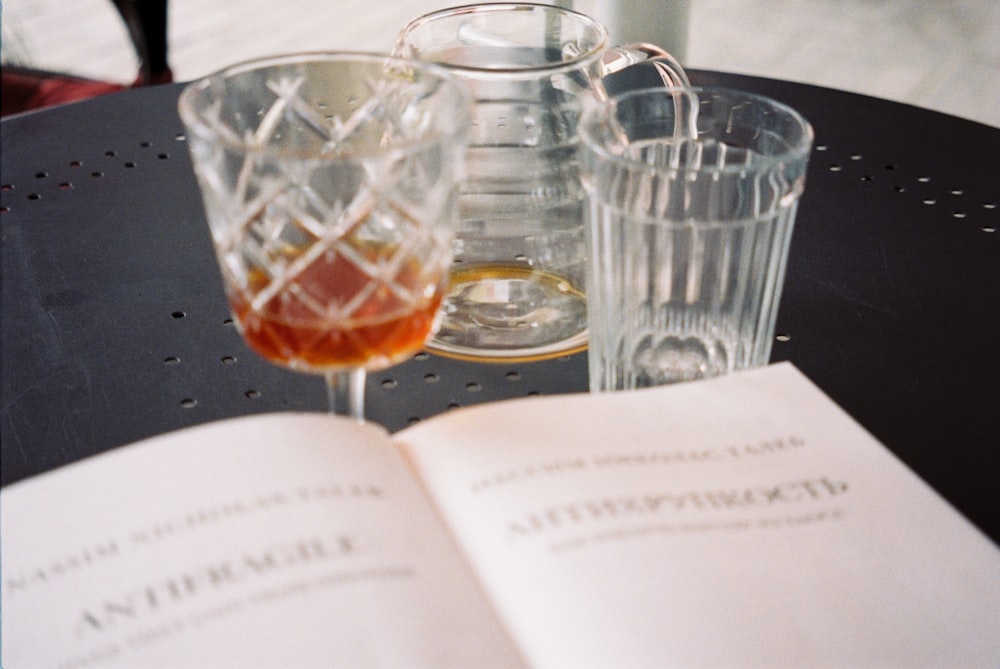 a glass of wine and a book on a table