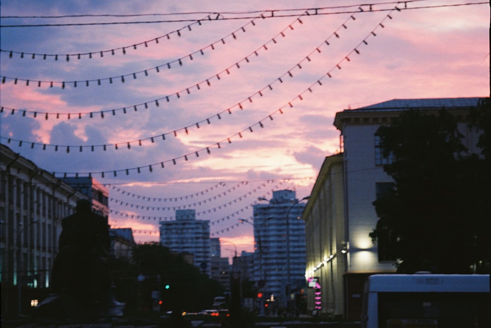 a view of a city street at sunset