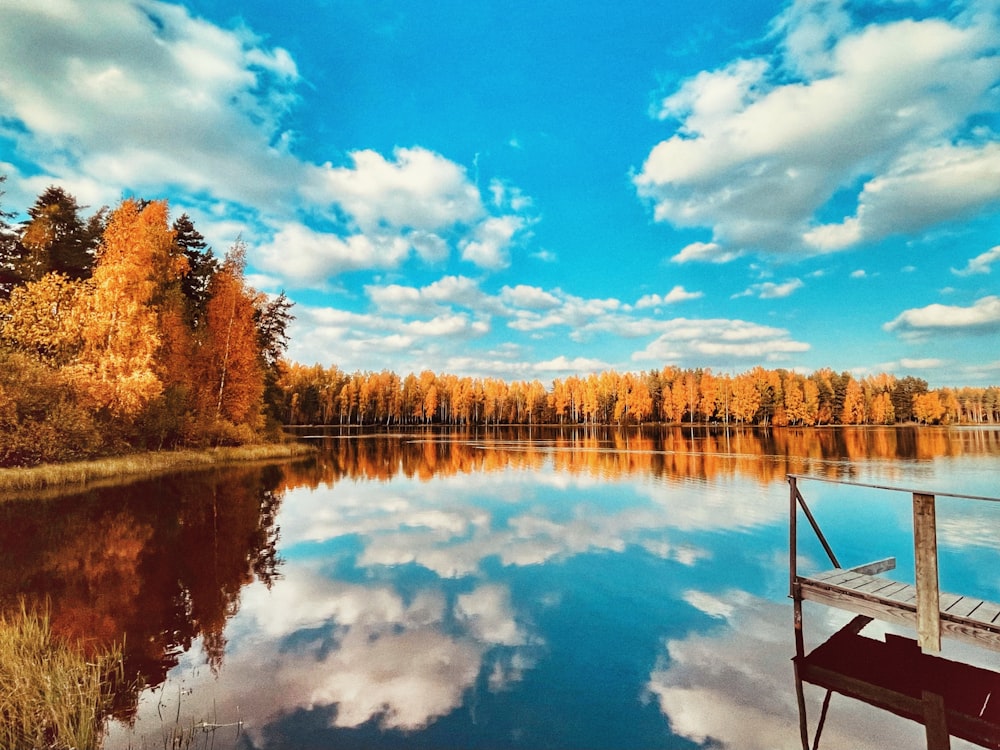 a lake surrounded by trees with clouds in the sky