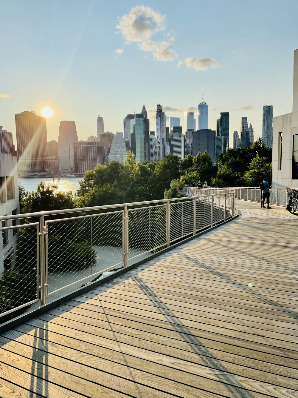 a person standing on a bridge with a city in the background