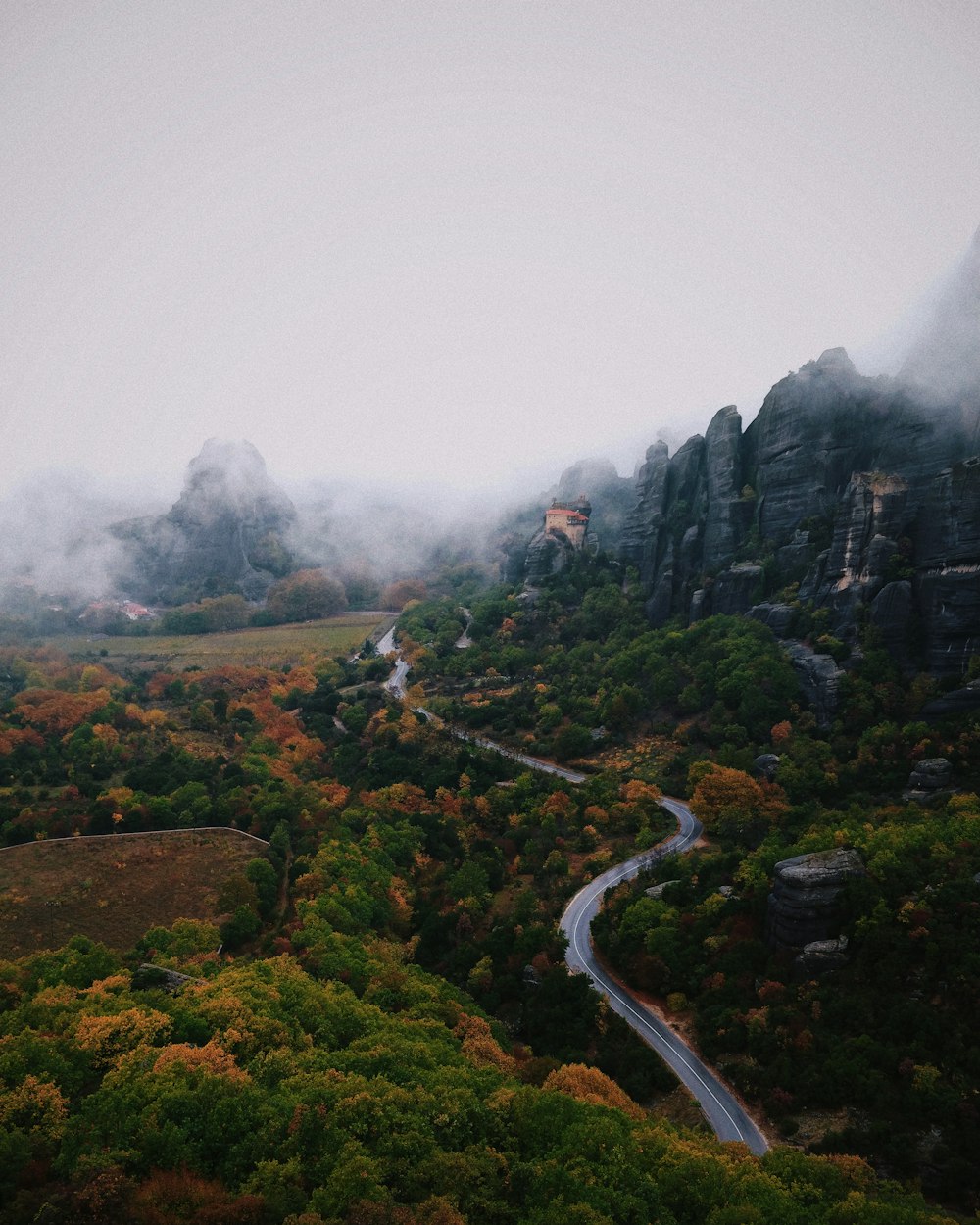 a scenic view of a winding road surrounded by trees