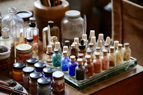 a table with a bunch of bottles on it