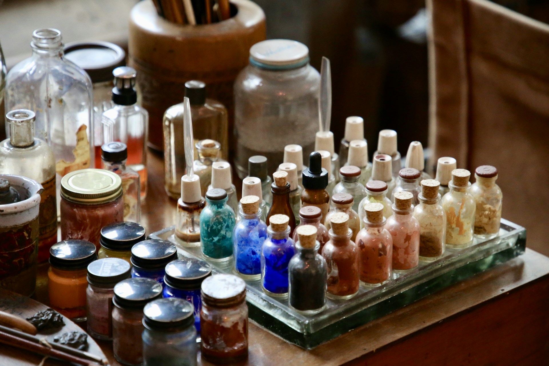 a table with a bunch of bottles on it