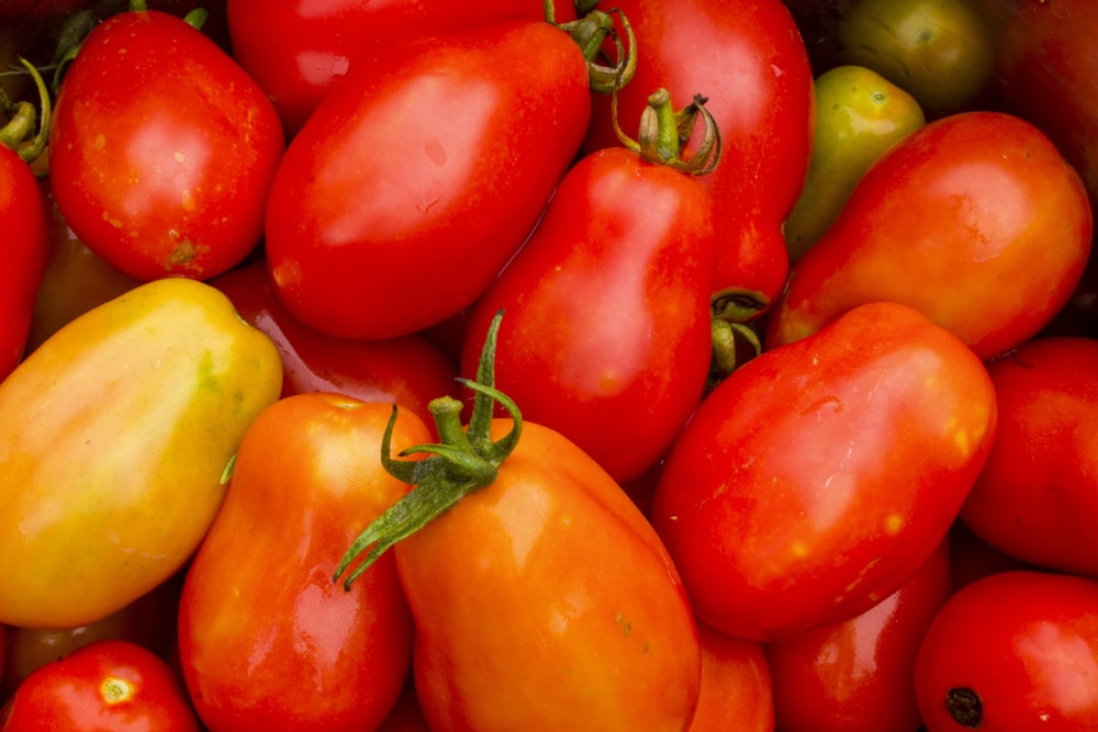 a close up of a bunch of tomatoes