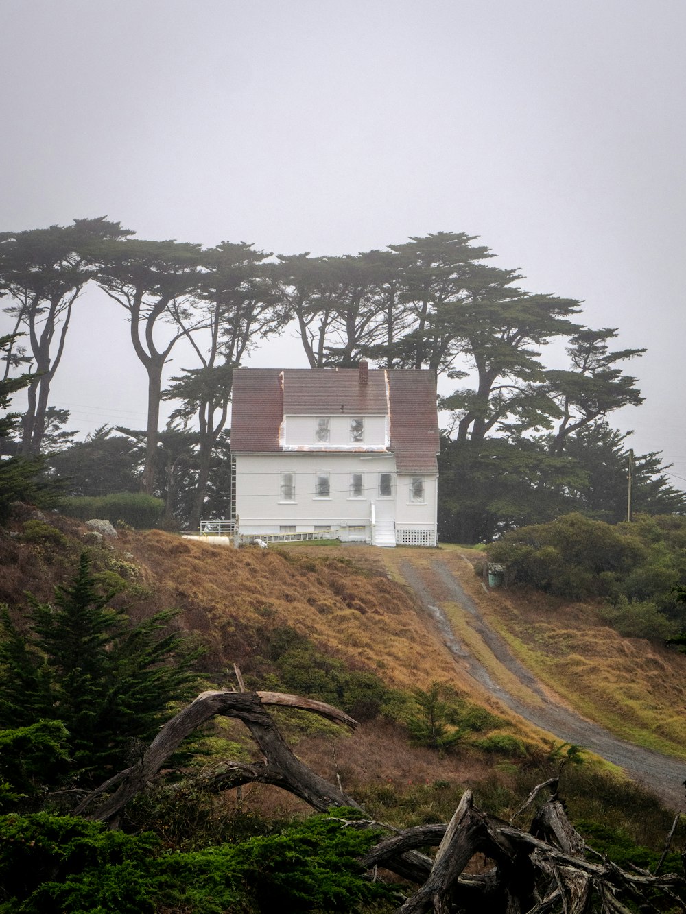 a white house sitting on top of a hill