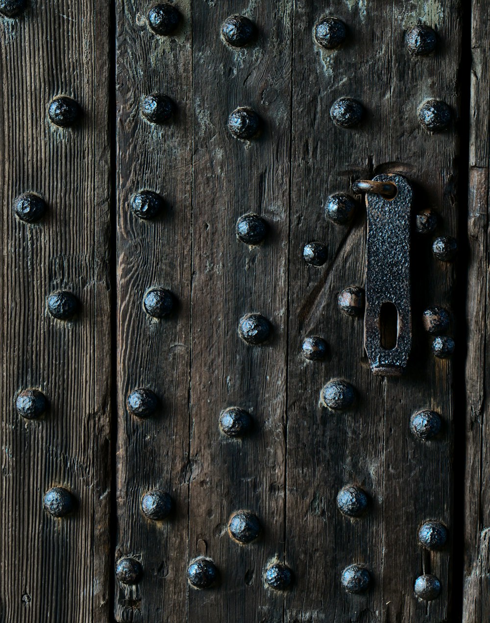 a wooden door with metal rivets on it