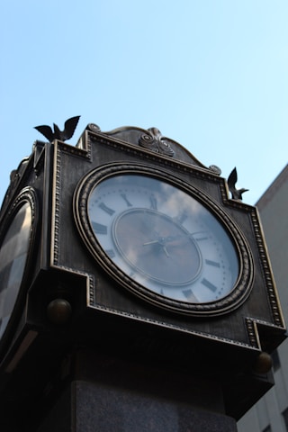 A vintage clock with Roman numerals is mounted on a decorative metal structure. The clock displays three clock hands and is topped with ornamental features including small sculptures of birds. The background is a clear blue sky.