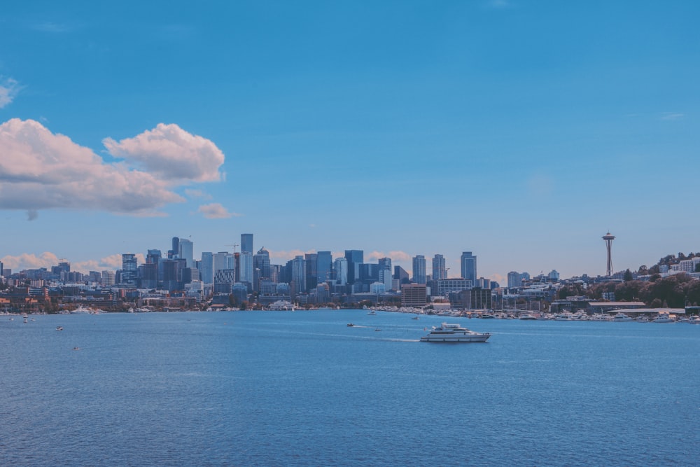 a large body of water with a city in the background