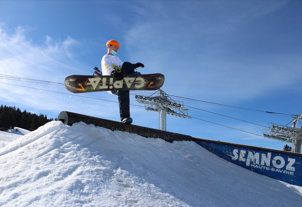 a person on a snowboard on top of a ramp