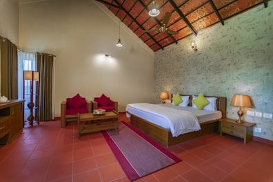 Cozy double bed room with warm lighting