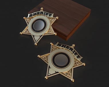 A polished silver sheriff’s badge displayed on rich velvet fabric.