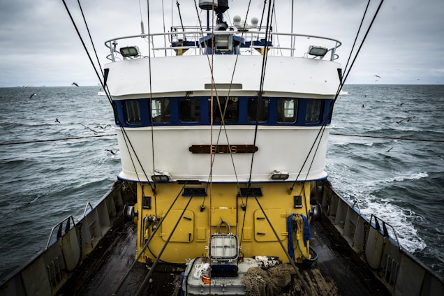a white and blue boat in the middle of the ocean