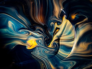 A mesmerizing, abstract fluid art painting with swirling patterns of blue, black, yellow, and white. The colors blend seamlessly, creating an intricate and dynamic visual effect resembling cosmic or underwater scenes.