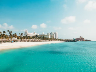 a view of a beach with a hotel in the background