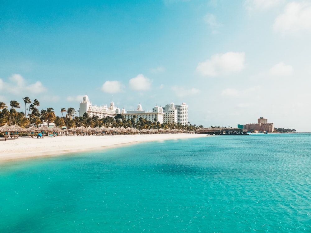 a view of a beach with a hotel in the background