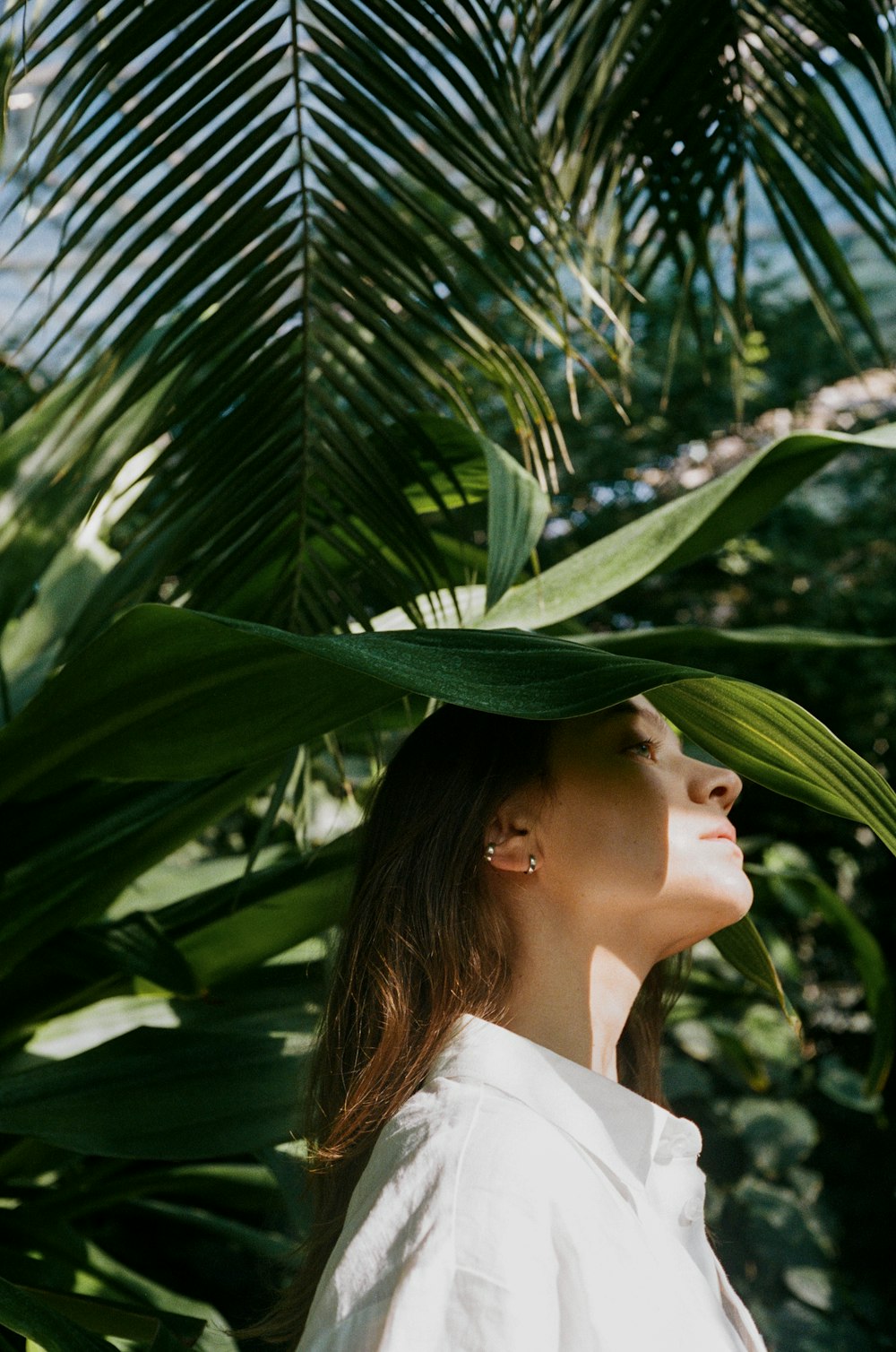 a woman wearing a green hat standing in front of a palm tree