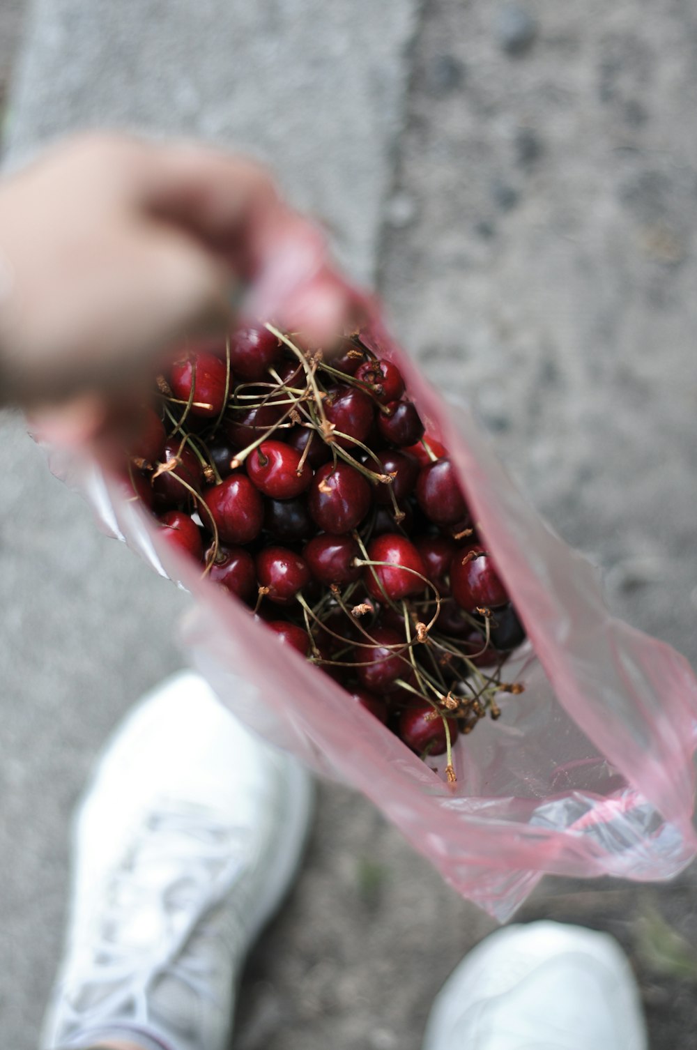 a person holding a plastic bag full of cherries