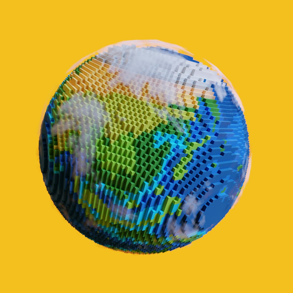 a close up of a ball with a yellow background