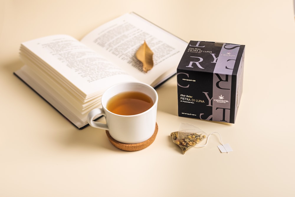 a cup of tea and a book on a table