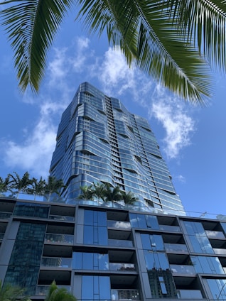 A sleek modern high-rise building overlooking the blue sea with palm trees swaying nearby under a clear sky.