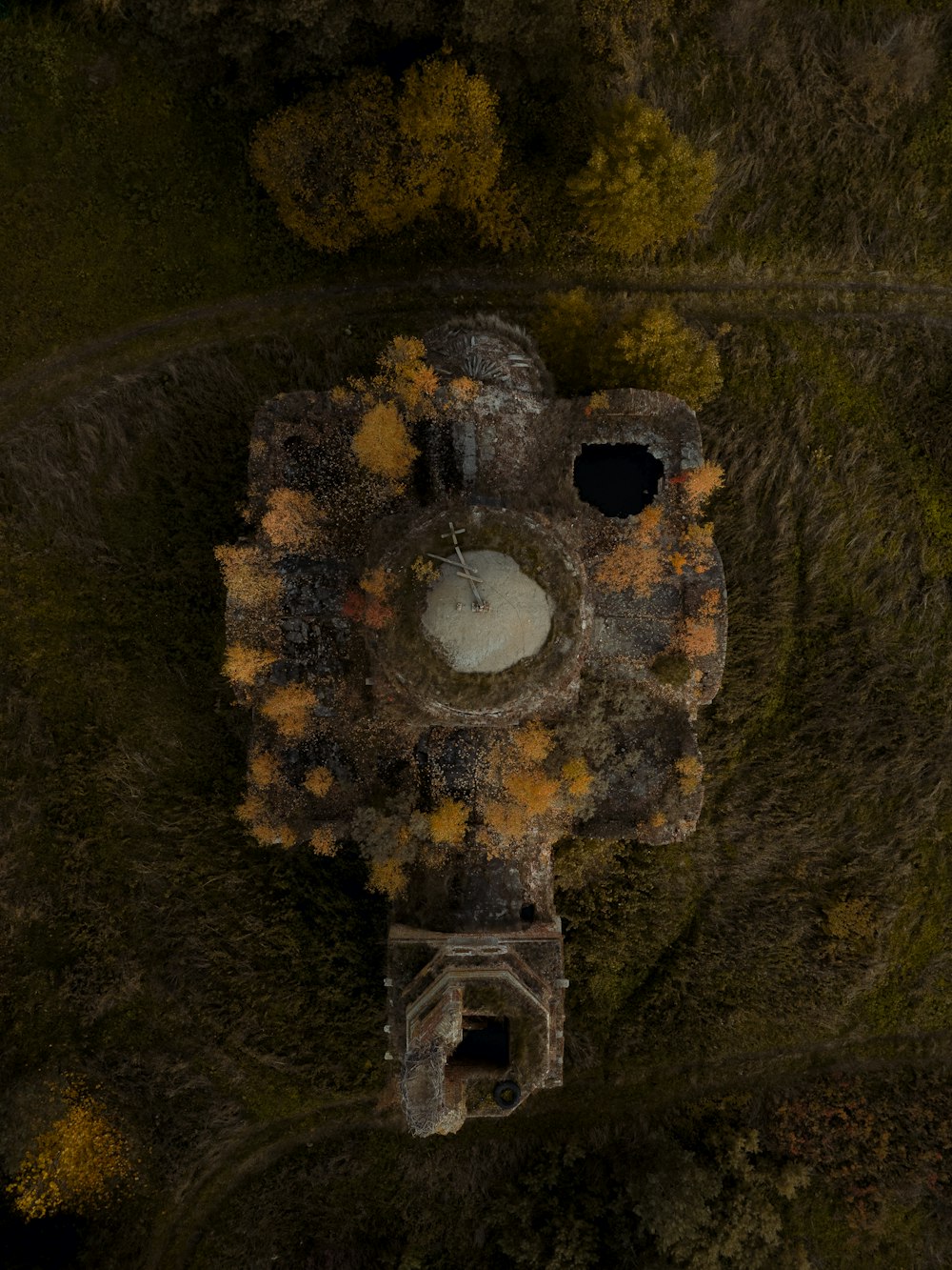 an aerial view of an abandoned building in the woods
