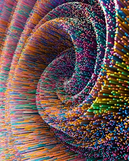 A vibrant and dynamic image featuring swirling patterns of multicolored rods. These rods are densely packed and arranged in a flowing, spiral formation, creating a sense of movement and depth. The colors vary widely, including blues, purples, yellows, and greens, giving a lively and energetic feel.