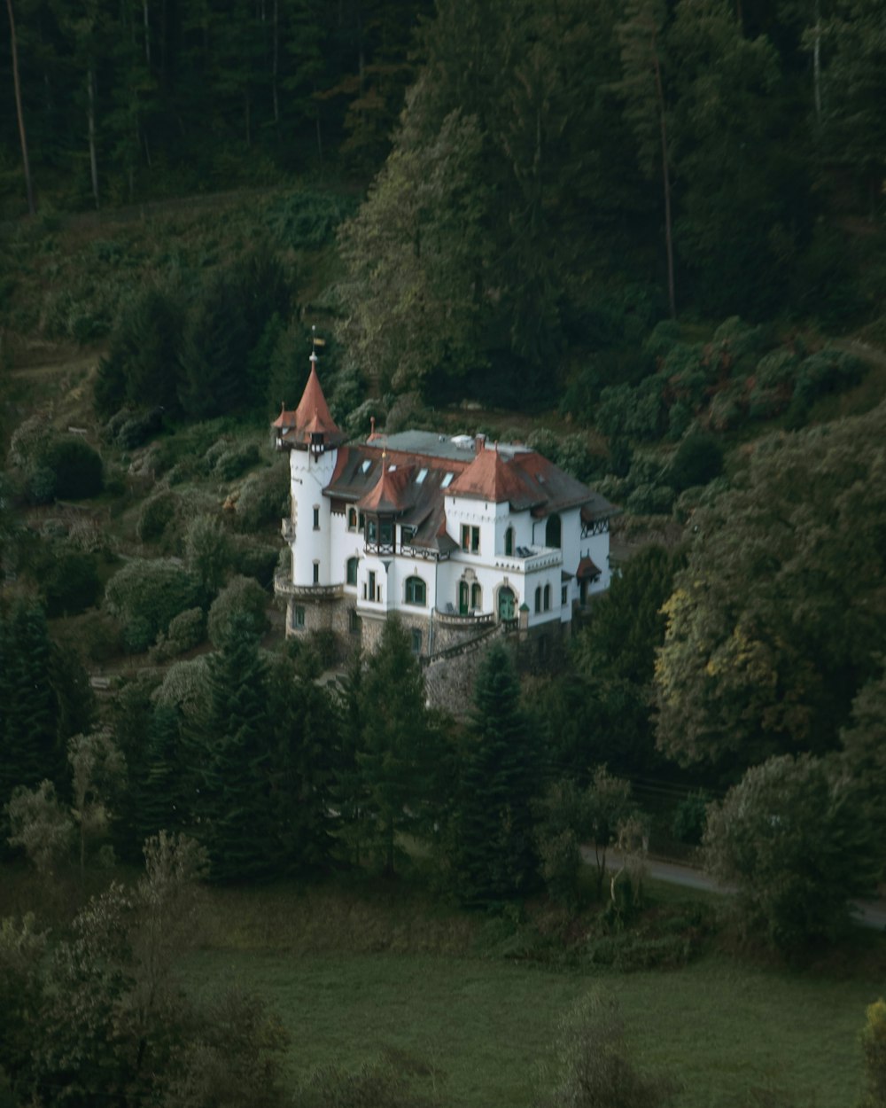 an aerial view of a house in the woods