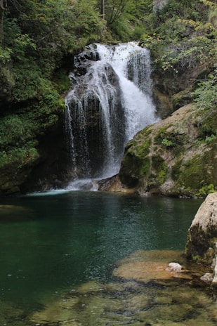 A serene waterfall cascading into a crystal-clear pool surrounded by lush greenery.
