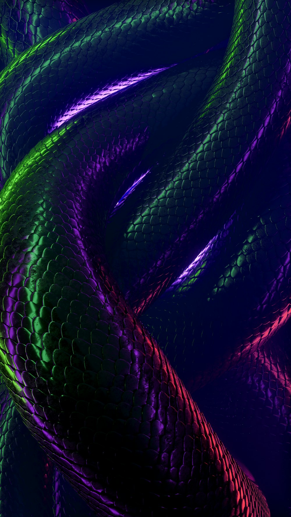 Un primo piano di una pelle di serpente viola e verde