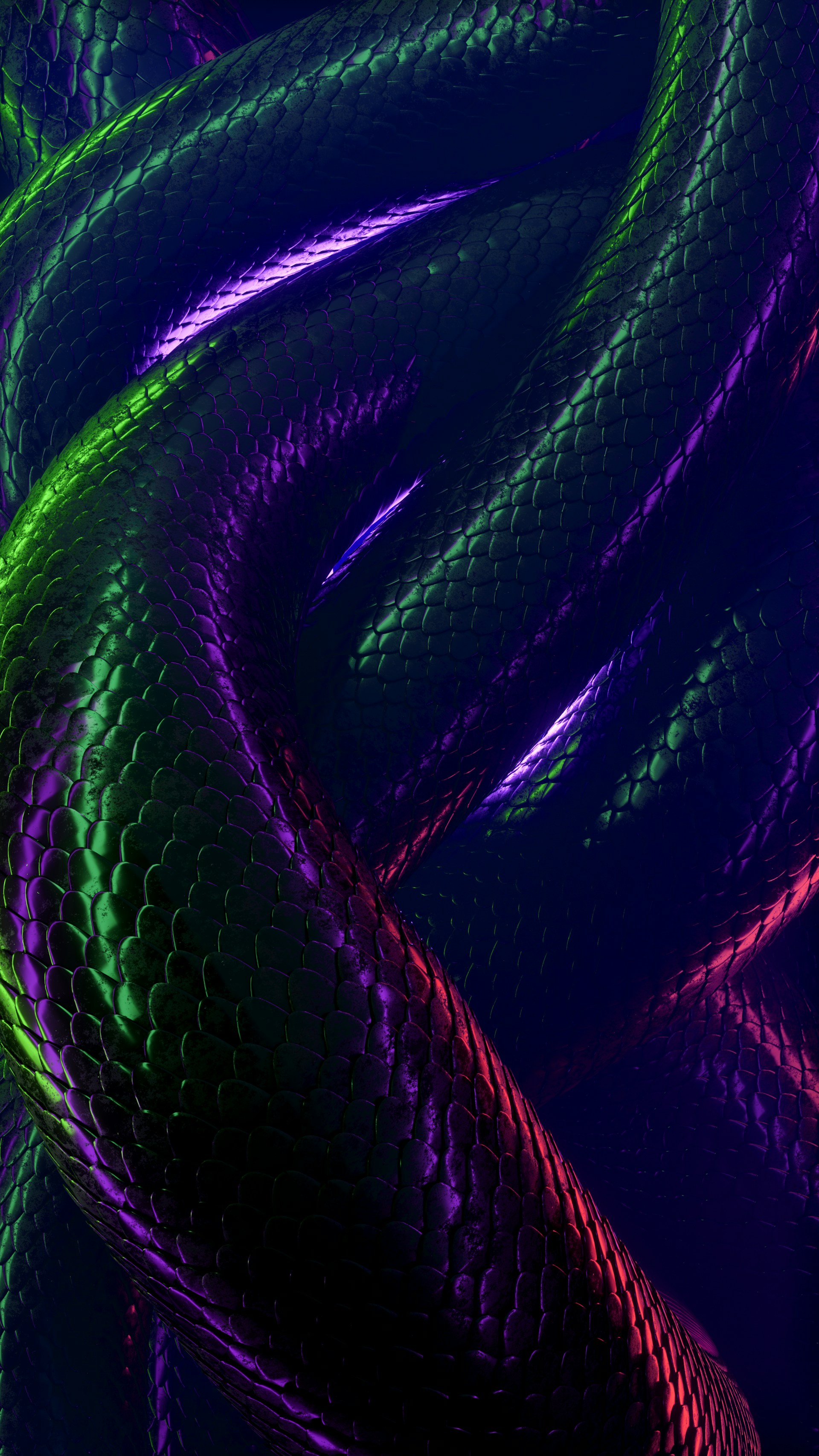 a close up of a purple and green snake skin