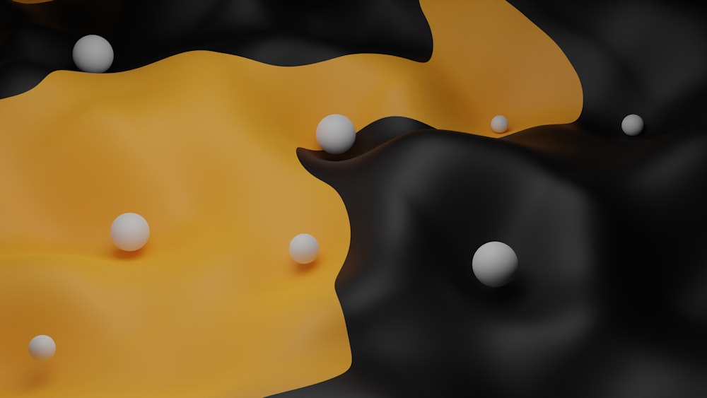 a yellow and black background with white balls