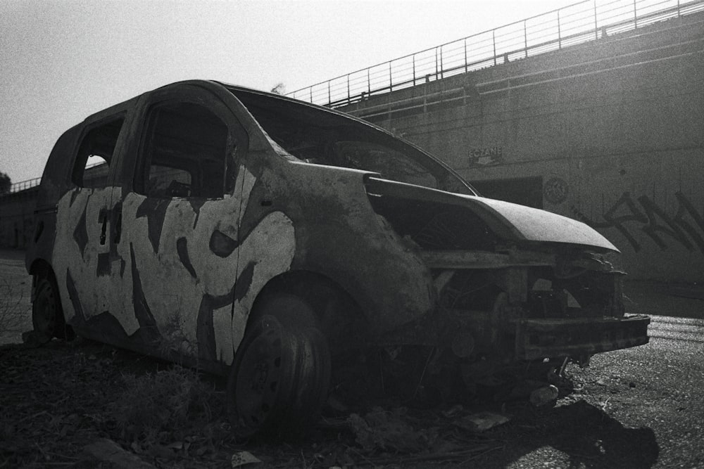 a van that has been vandalized with graffiti