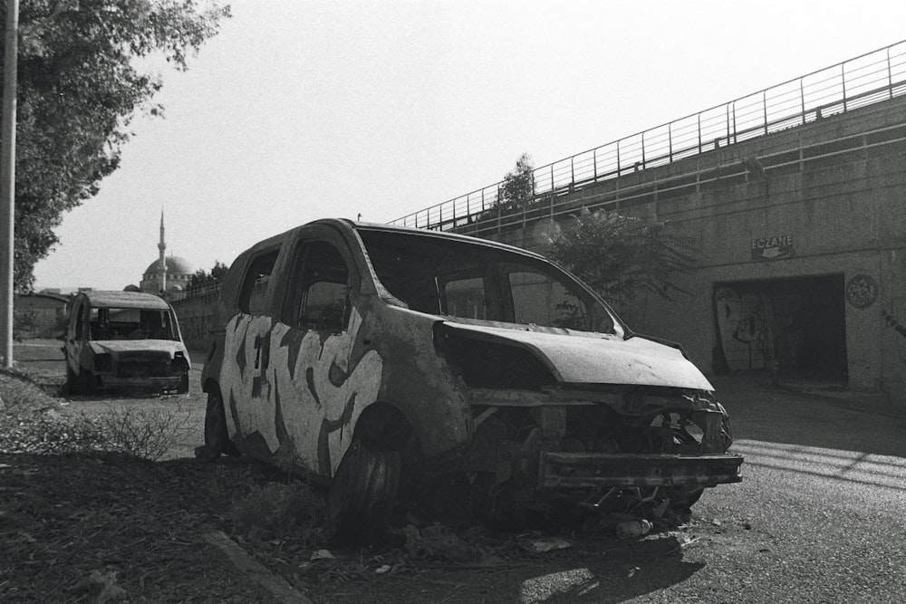 a van that has been vandalized with graffiti