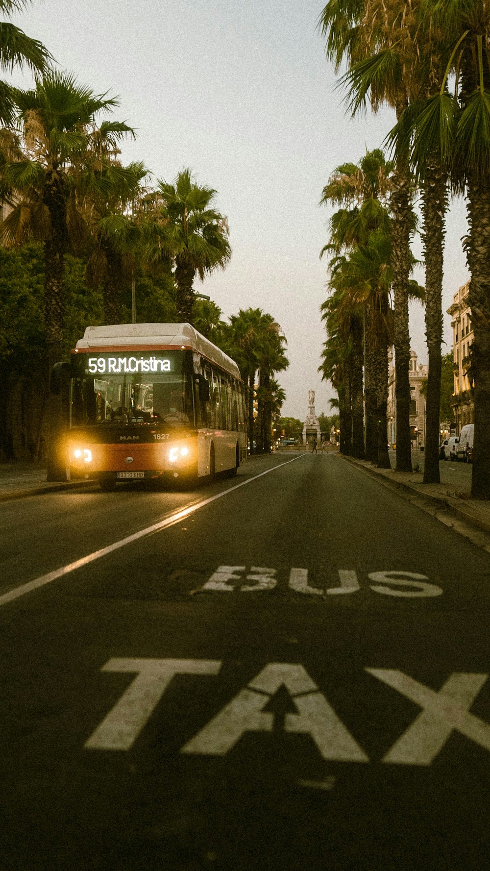 a bus driving down a street next to palm trees
