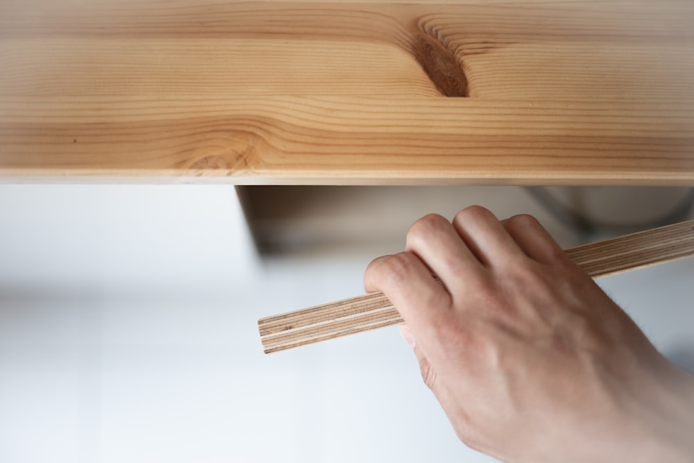 a person holding a piece of wood in their hand