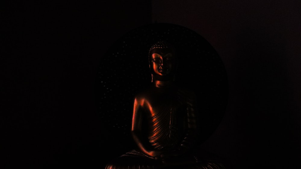 uma estátua de Buda sentada em um quarto escuro